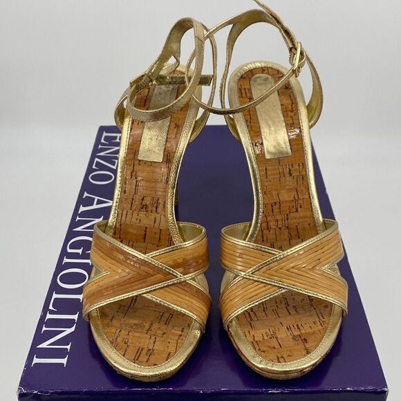 Enzo Angiolini Bamboo Easenya Open Toe Heels Leather‎ Gold Natural 6.5 - Picture 2 of 15